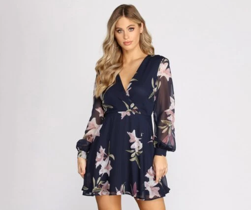 Windsor. Floral Chiffon Long Sleeve Skater Dress -Specialtycookwareus 05101 0192 1