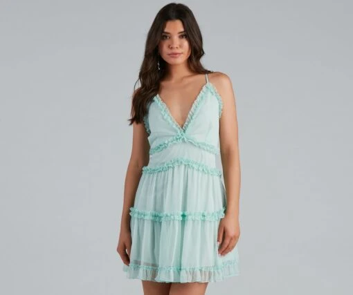 Windsor. Ruffle Party Chiffon V-Neck Babydoll Dress -Specialtycookwareus 05101 1468 1