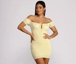 Windsor. Oh So Dainty Ruffle Trim Off Shoulder Ruched Mini Dress -Specialtycookwareus 05102 0659 1 511a52d4 35c4 44c1 b8e1 44abe614442f
