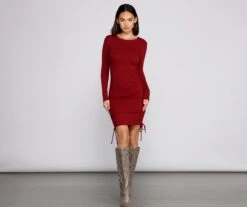 Windsor. Ruched And Ribbed Knit Crew Neck Mini Dress -Specialtycookwareus 05102 1092 5