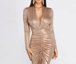 Windsor. Enchanting Metallic Deep V Midi Dress -Specialtycookwareus 05103 0629 4